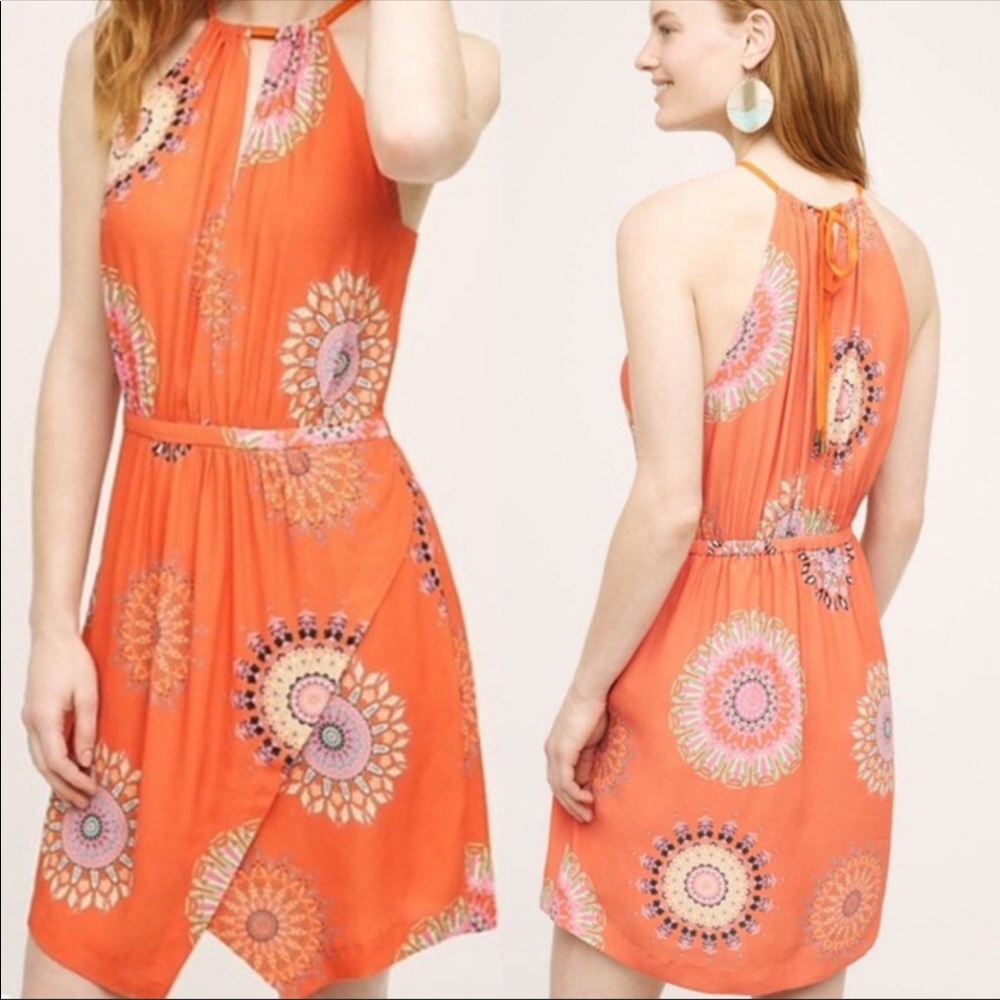 Anthropology Floreat dress orange with colorful patter size 6